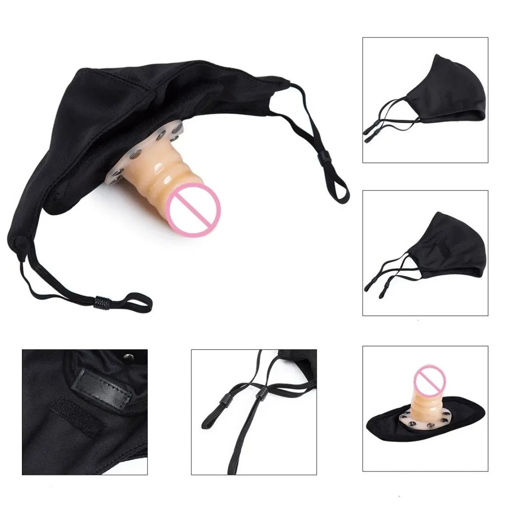 Removable BDSM Mask Open Mouth Gag Silicone Black Penis Plug Dildo Penis Gag Fetish Bondage Sex Toys for Woman Adult Game